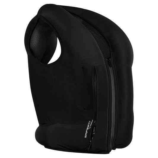 Side view of the SAFEFIT equestrian airbag vest fully inflated, showing the maximum cushion and neck support after deployment