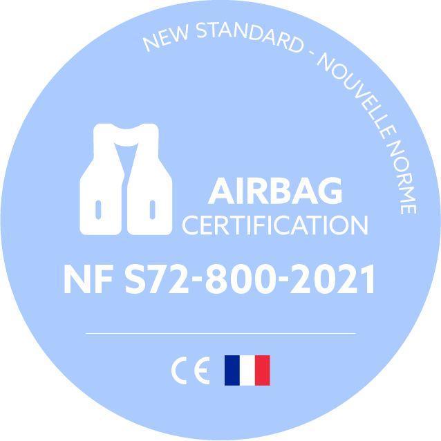 Airbag Certification badge showing the NF S72-800:2021 standard, New Standard - Nouvelle Norme, and CE mark.